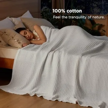Bedsure 100% Cotton Waffle Weave Blanket Queen Size