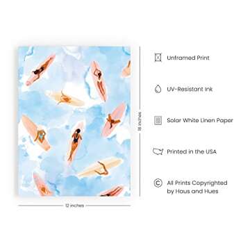 HAUS AND HUES Beach Art Beach Posters - Surfer Girl Poster, Beach Themed Prints, Surfing Artwork, Pictures of Beachy Scenes Wall Decor, Ocean Seascapes, Watercolor Art Surfers (12x16 Unframed)