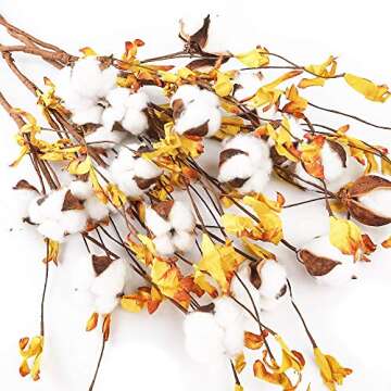 AGEOMET 5pcs 21 Inches Cotton Stems with 4 Cotton Flower Heads and Yellow Leaves for Fall Farmhouse Style Home Decoration