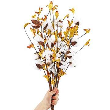 AGEOMET 5pcs 21 Inches Cotton Stems with 4 Cotton Flower Heads and Yellow Leaves for Fall Farmhouse Style Home Decoration