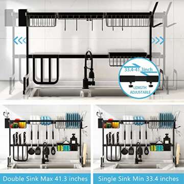 Dish Drying Rack Over The Sink Adjustable 33.4"- 41.3" Large Dish Rack Drainer for Kitchen Organization Storage Space Saver Above Sink Drying Rack