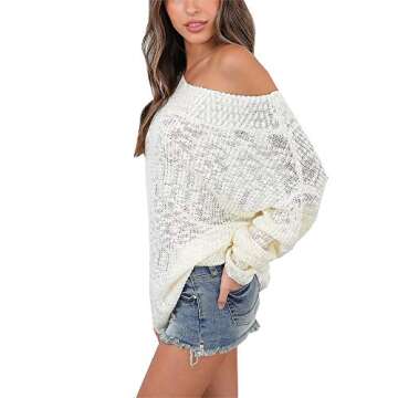 XIONGMEI Women's Off Shoulder Batwing Long Sleeve Casual Loose Knit Jumper Oversized Pullover Sweaters (Medium, White)