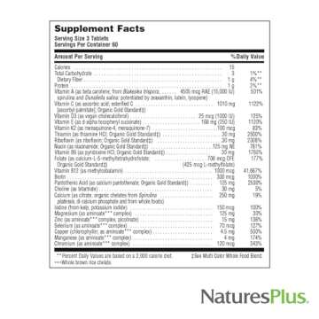 Natures Plus Source of Life Gold Multivitamin - 180 Tablets - Blood Support, Bone Support, Healthy Immune System - Includes Vitamins D3, B12, K2 & Over 120 Whole Food Nutrients - 60 Servings