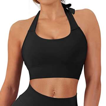 SUUKSESS Women Seamless Halter Sports Bra Backless Padded Workout Crop Tank Tops (Black, L)