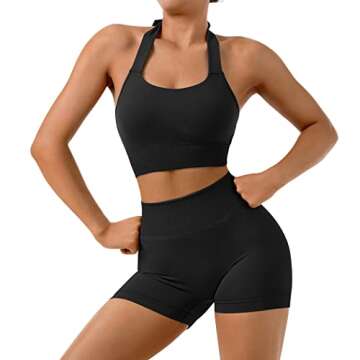 SUUKSESS Women Seamless Halter Sports Bra Backless Padded Workout Crop Tank Tops (Black, L)