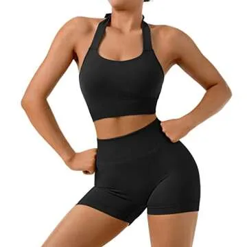 SUUKSESS Women Seamless Halter Sports Bra Backless Padded Workout Crop Tank Tops (Black, L)