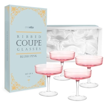 Crutello Champagne Coupe Glasses Set of 4, Elegant Pink Ribbed Fluted Drinkware