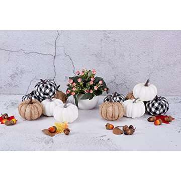 Artmag 12 Pcs Assorted Fall Artificial Pumpkins Burlap Pumpkins Faux Harvest White Pumpkins and Fabric Pumpkins for Fall Halloween Thanksgiving Party Decoration