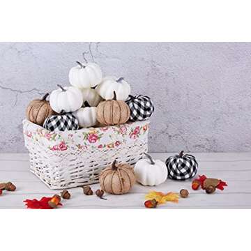 Artmag 12 Pcs Assorted Fall Artificial Pumpkins Burlap Pumpkins Faux Harvest White Pumpkins and Fabric Pumpkins for Fall Halloween Thanksgiving Party Decoration