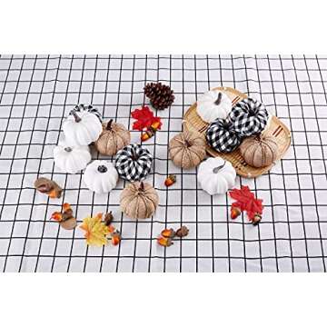 Artmag 12 Pcs Assorted Fall Artificial Pumpkins Burlap Pumpkins Faux Harvest White Pumpkins and Fabric Pumpkins for Fall Halloween Thanksgiving Party Decoration
