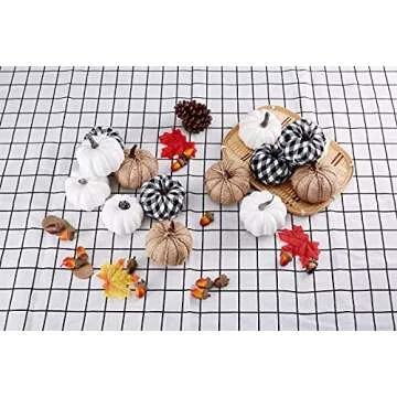 Artmag 12 Pcs Assorted Fall Artificial Pumpkins Burlap Pumpkins Faux Harvest White Pumpkins and Fabric Pumpkins for Fall Halloween Thanksgiving Party Decoration