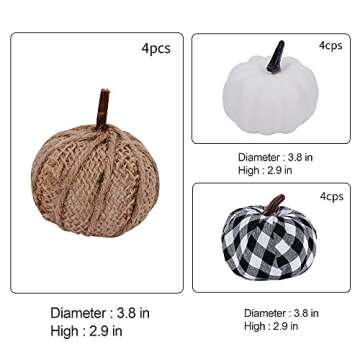 Artmag 12 Pcs Assorted Fall Artificial Pumpkins Burlap Pumpkins Faux Harvest White Pumpkins and Fabric Pumpkins for Fall Halloween Thanksgiving Party Decoration