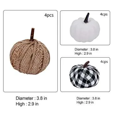Artmag 12 Pcs Assorted Fall Artificial Pumpkins Burlap Pumpkins Faux Harvest White Pumpkins and Fabric Pumpkins for Fall Halloween Thanksgiving Party Decoration