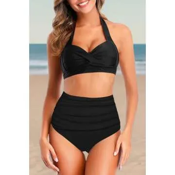 Adisputent Womens High Waisted Bathing Suits Push Up Halter Top Ruched Bottoms Bikini Sexy Tummy Control Two Piece Swimsuits Black M