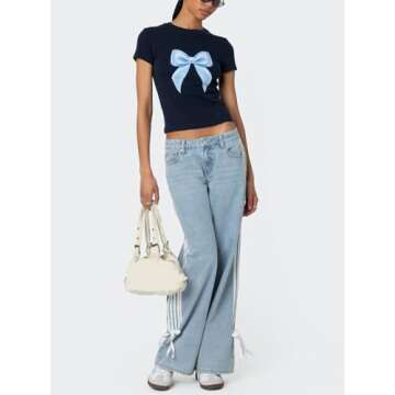 Mxiqqpltky Womens Wide Leg Jeans High Waist Boyfriend Denim Pants Side Striped Print Straight Baggy ...