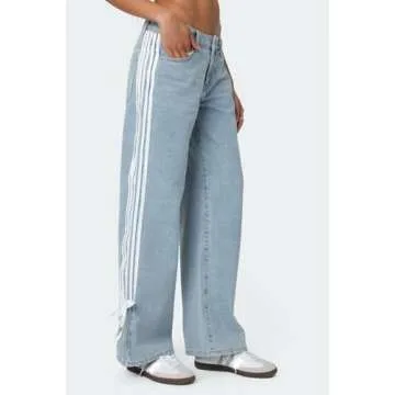 Mxiqqpltky Womens Wide Leg Jeans High Waist Boyfriend Denim Pants Side Striped Print Straight Baggy Mom Jeans Y2k Streetwear(Sky Blue,Small)