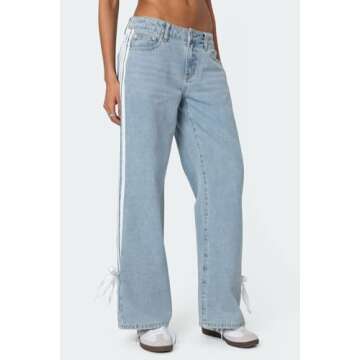 Mxiqqpltky Womens Wide Leg Jeans High Waist Boyfriend Denim Pants Side Striped Print Straight Baggy Mom Jeans Y2k Streetwear(Sky Blue,Small)