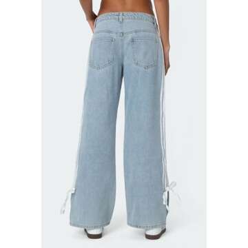 Mxiqqpltky Womens Wide Leg Jeans High Waist Boyfriend Denim Pants Side Striped Print Straight Baggy Mom Jeans Y2k Streetwear(Sky Blue,Small)