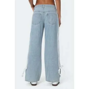 Mxiqqpltky Womens Wide Leg Jeans High Waist Boyfriend Denim Pants Side Striped Print Straight Baggy Mom Jeans Y2k Streetwear(Sky Blue,Small)