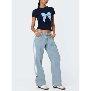 Mxiqqpltky Womens Wide Leg Jeans High Waist Boyfriend Denim Pants Side Striped Print Straight Baggy Mom Jeans Y2k Streetwear(Sky Blue,Small)