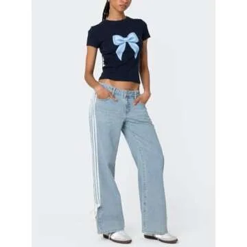 Mxiqqpltky Womens Wide Leg Jeans High Waist Boyfriend Denim Pants Side Striped Print Straight Baggy Mom Jeans Y2k Streetwear(Sky Blue,Small)