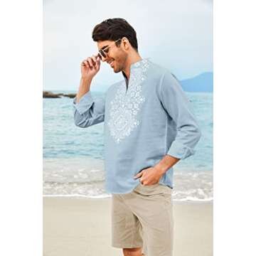 COOFANDY Mens Shirt Hippie Floral Print Casual Zip Up Cotton Beach Henley African Dashiki, Light Blue, X-Large, Long Sleeve