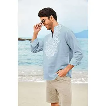 COOFANDY Mens Shirt Hippie Floral Print Casual Zip Up Cotton Beach Henley African Dashiki, Light Blue, X-Large, Long Sleeve