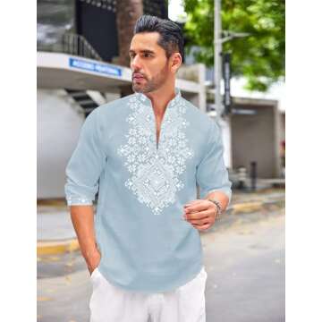 COOFANDY Mens Shirt Hippie Floral Print Casual Zip Up Cotton Beach Henley African Dashiki, Light Blue, X-Large, Long Sleeve