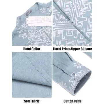 COOFANDY Mens Shirt Hippie Floral Print Casual Zip Up Cotton Beach Henley African Dashiki, Light Blue, X-Large, Long Sleeve