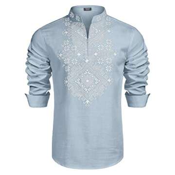 COOFANDY Mens Shirt Hippie Floral Print Casual Zip Up Cotton Beach Henley African Dashiki, Light Blue, X-Large, Long Sleeve