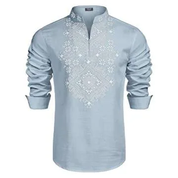 COOFANDY Mens Shirt Hippie Floral Print Casual Zip Up Cotton Beach Henley African Dashiki, Light Blue, X-Large, Long Sleeve
