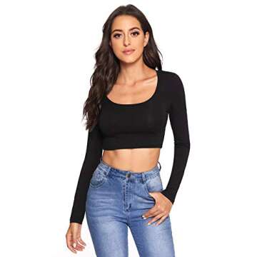 Verdusa Women's Scoop Neck Long Sleeve Crop Tee Top Black M