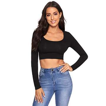 Verdusa Women's Scoop Neck Long Sleeve Crop Tee Top Black M