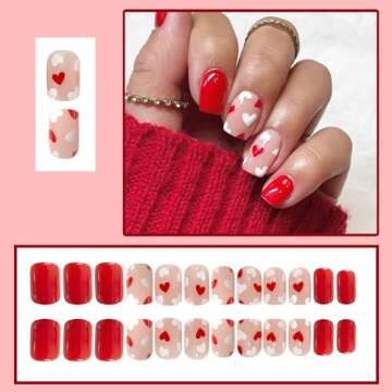 OCOUYVD Heart Press on Nails Short Square Valentines Fake Nails Petite Red Stick on Nails Full Cover...