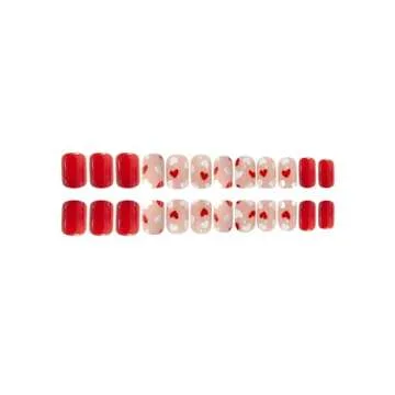 OCOUYVD Heart Press on Nails Short Square Valentines Fake Nails Petite Red Stick on Nails Full Cover False Nails with Red White Heart Designs Acrylic Nails Glossy Artificial Nails for Women Girls