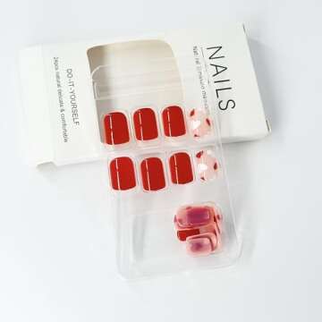 OCOUYVD Heart Press on Nails Short Square Valentines Fake Nails Petite Red Stick on Nails Full Cover False Nails with Red White Heart Designs Acrylic Nails Glossy Artificial Nails for Women Girls