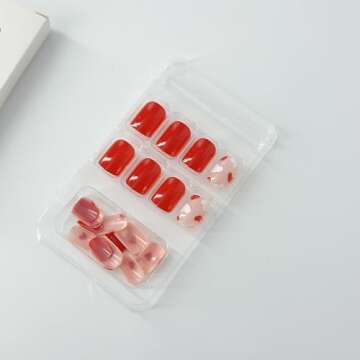 OCOUYVD Heart Press on Nails Short Square Valentines Fake Nails Petite Red Stick on Nails Full Cover False Nails with Red White Heart Designs Acrylic Nails Glossy Artificial Nails for Women Girls