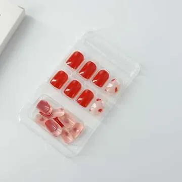 OCOUYVD Heart Press on Nails Short Square Valentines Fake Nails Petite Red Stick on Nails Full Cover False Nails with Red White Heart Designs Acrylic Nails Glossy Artificial Nails for Women Girls