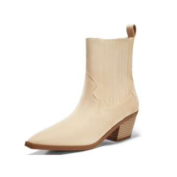 Stylish Coutgo Women's Western Ankle Booties with Chunky Heel - Beige, Size 5