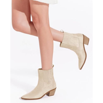 Coutgo Women's Western Ankle Booties Chunky Heel Beige