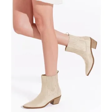 Coutgo Women's Western Ankle Booties Chunky Heel Beige