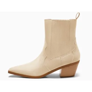 Coutgo Women's Western Ankle Booties Chunky Heel Beige