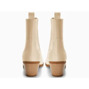 Coutgo Women's Western Ankle Booties Chunky Heel Beige