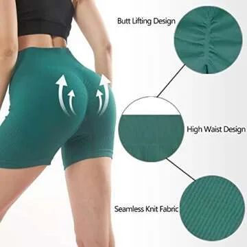 Yoga Workout Shorts Women High Waist Butt Lifting Waisted Seamless Ribbed Booty Scrunch Biker Gym Athletic Running Exercise Sport Bike Black Green Orange Sexy Compression Tummy Control Spandex