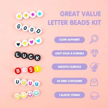 Dowsabel 1400 Pcs Letter Beads, 4x7mm Round Alphabet Beads for Bracelets in 28 Grid Box for Jewelry Making Friendship Bracelet Kit with 1 Roll Crystal String, Gift for Girls Ages 6-13