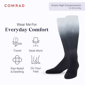 Comrad Nylon Knee High Socks - 15-20mmHg Graduated Compression Socks, (Small, Black Ombre) - Soft & ...