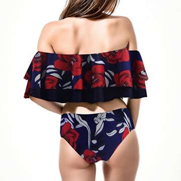 GIRL AND SEA Womens Falbala High Cut Off Shoulder Leaf Floral Bottom Padding Ruffle Swimsuits Bikini