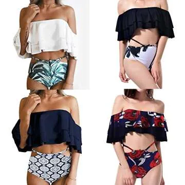 GIRL AND SEA Womens Falbala High Cut Off Shoulder Leaf Floral Bottom Padding Ruffle Swimsuits Bikini