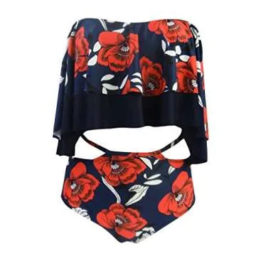 GIRL AND SEA Womens Falbala High Cut Off Shoulder Leaf Floral Bottom Padding Ruffle Swimsuits Bikini