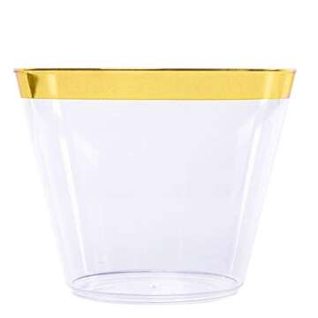 YOUTHSHIP 100 Pcs Clear Plastic Cups with Gold Rim, Premium 9 Oz Disposable Plastic Party Cups, Hard Plastic Drinking Cups for Party and Wedding